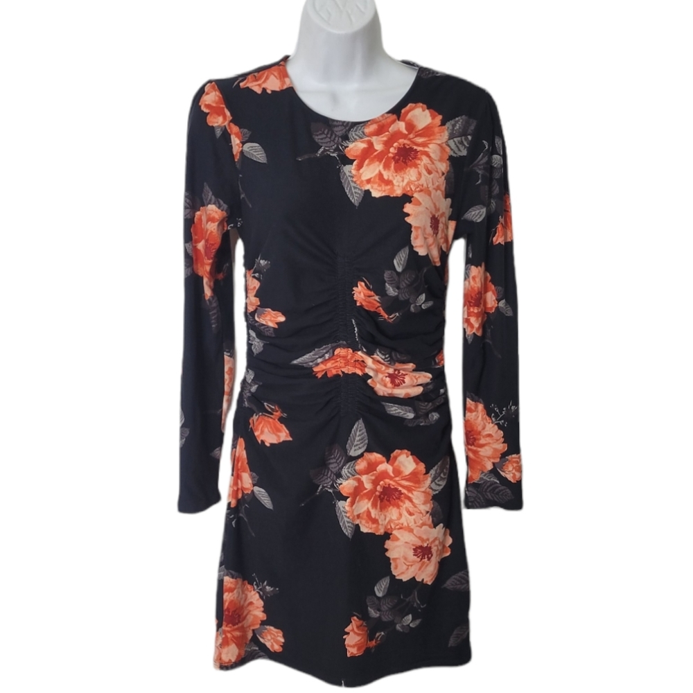 Planet Gold Crew Neck Long Sleeve Ruched Floral Fitted Dress Medium